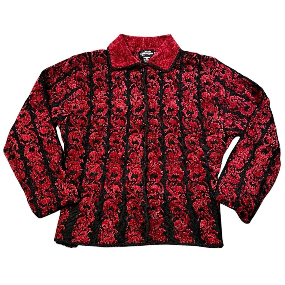 Vtg Grandma Knit Wool Cardigan Sweater Women's XL Red Black 90s Christmas